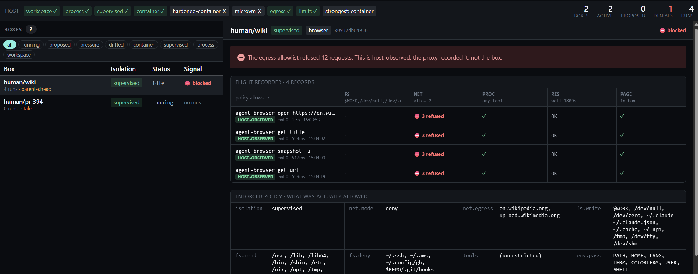 The h5i box console showing policy, diff statistics, and execution events in separate lanes